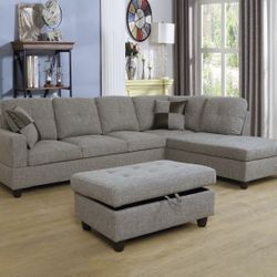 Gray Linen Sectional Couch And Ottoman