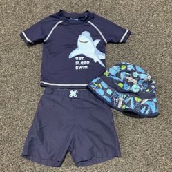 Lily & Dan boys 3T shark swim trunks and rash guard and fish bucket sun hat - slight imperfection on shark image as shown in photo but not a hole