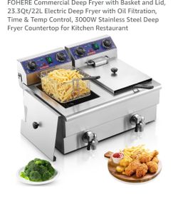 Commercial Deep Fryer with Basket and Lid, 23.3Qt/22L Electric Deep Fryer with Oil Filtration, Time & Temp Control, 3000W Stainless Steel Deep Fryer C