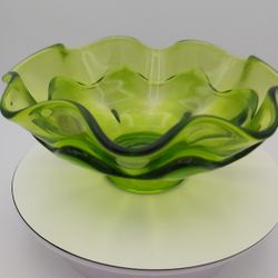 Gorgeous Vintage Viking Layered Double Ruffle Crimp Glass Bowl With Original Sticker 
