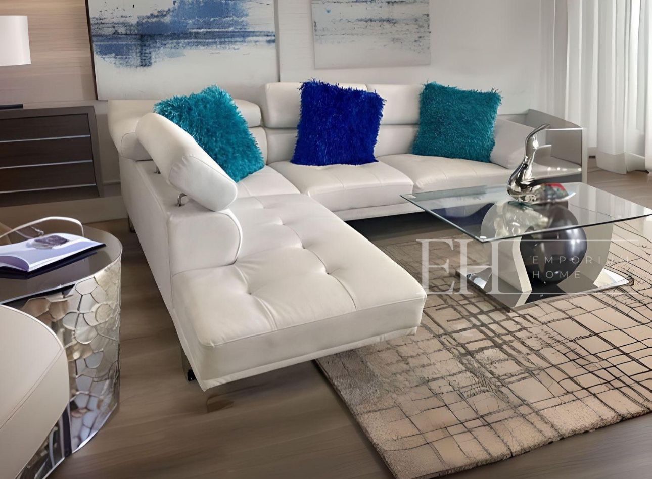 White Modern Sofa Sectional With Adjustable Headrest 