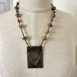 Heart Pendant Necklace With Natural Stones And Paper Beads 