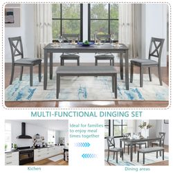 6 Piece Kitchen Dining Set, Rectangular Wooden Dining Table with 4 Upholstered Chairs and a Bench, Dining Table Set for 6 People, Living Room, Home Ba