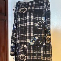 0% Lino floral plaid Shirt Dress long sleeve classy striped box square design