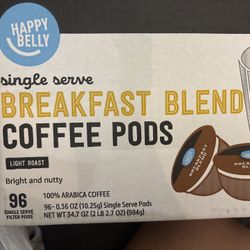 New in box Happy Belly single serve Breakfast Blend coffee pods light roast 100% Arabica coffee 96 pods 