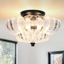 11.8-Inch Black Semi Flush Mount Ceiling Light, Modern 3-Light Clear Glass Chandelier