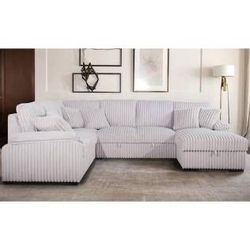 New Corduroy Fabric Sectional With Pullout Bed / Chaise Storage.  97” X 123” X 66” X 38”H.  Free Delivery!