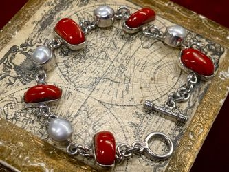 Handmade 925 Sterling Silver Women’s Bracelet Jewelry Red Coral & Pearls