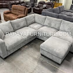 New! Plush Sectional Sofa And Ottoman, Light Grey Sofa, Grey Couch, Grey Sectional Couch, Ottoman, L-Shaped Sofa, Couch, Corduroy Couch, Fluffy Lined 
