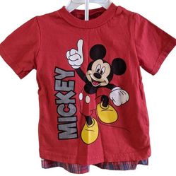 Disney Junior Red Mickey Mouse Shirt and Plaid Shorts Set Infant Size 18M Preppy