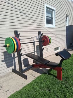 OLYMPIC  SQUAT RACK BENCH / 7ft BAR/CLIPS/BUMPER PLATES