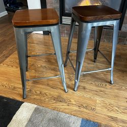 2 Industrial Style Wood And Steel Stools. Swivel Top 26” Tall