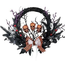 Large Black Halloween Skull Wreaths - 20 Inch Spooky Grapevine Wreath with Bow Skeleton Decorations Gift for Indoor Outdoor Window Wall Festival Party
