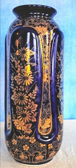 Cobalt Blue Ceramic Vase with Gold Floral Design