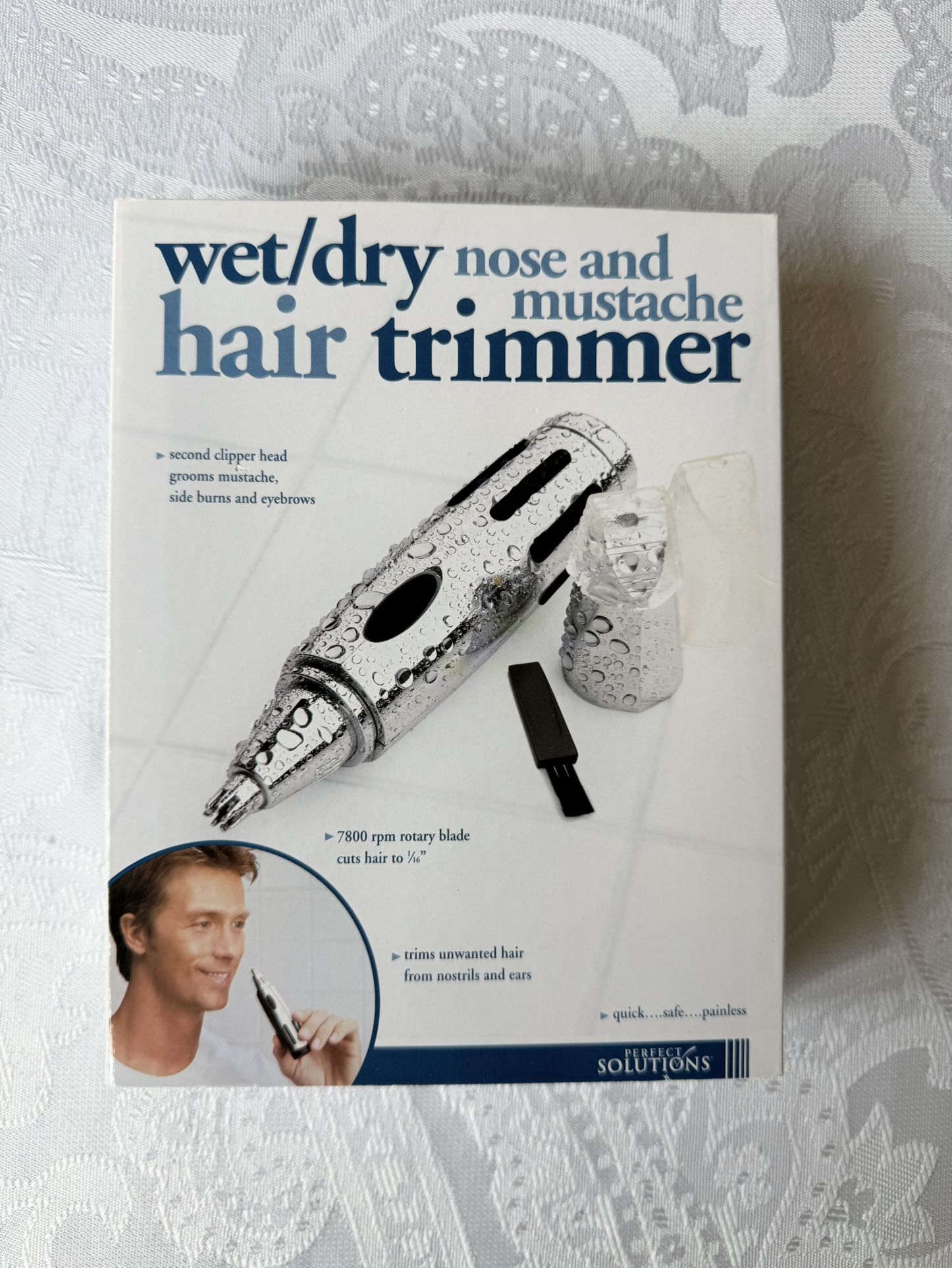 Perfect Solutions Wet/Dry Nose & Mustache Hair Trimmer. Designed for trimming unwanted hair from nostrils and ears. It also includes a second clipper