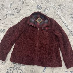 Pendleton Deep Pile Sherpa Burgundy Full Zip Plaid Wool Accents Women’s XL