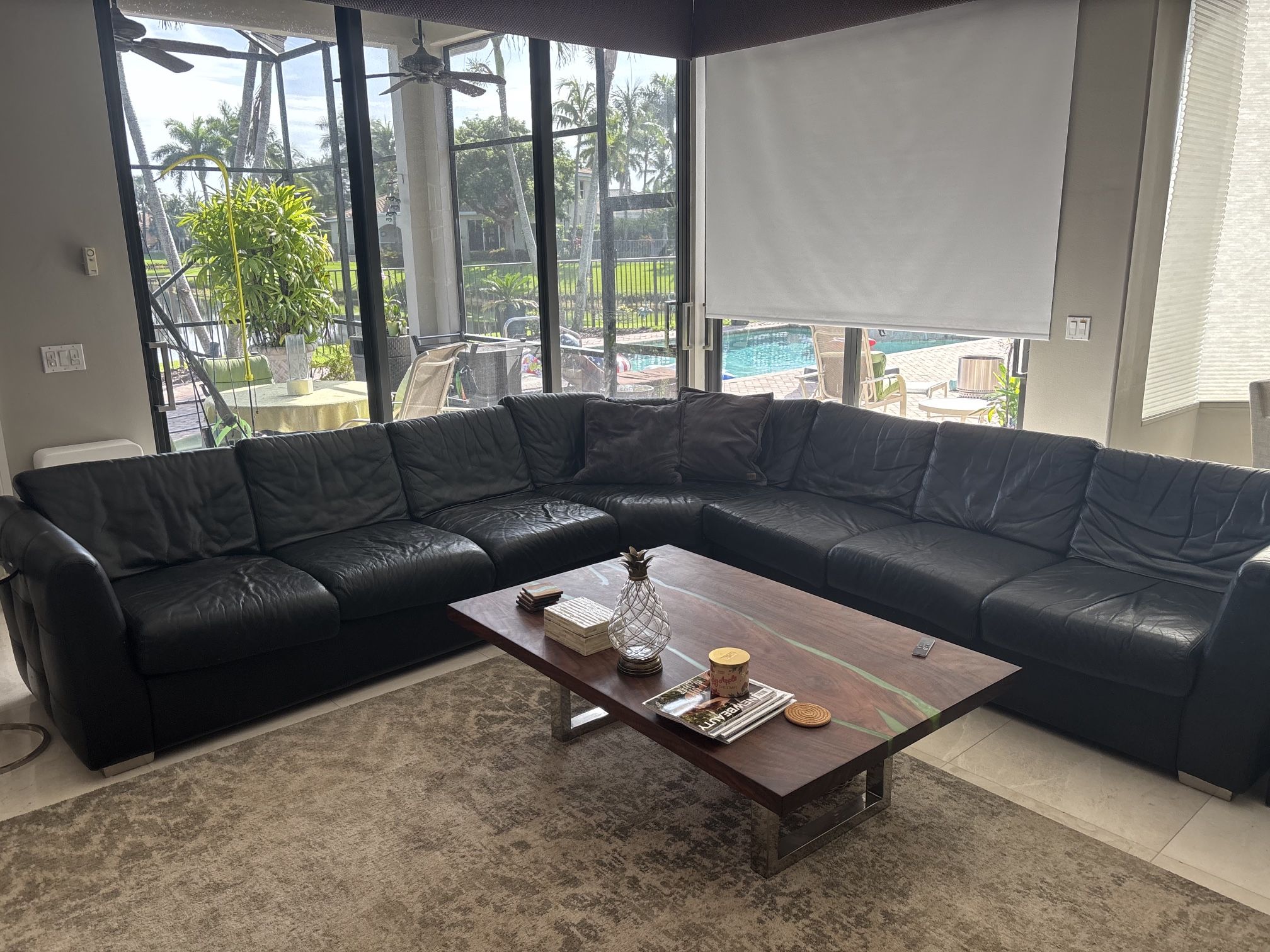 Sectional Black Real Leather 3 Piece Couch