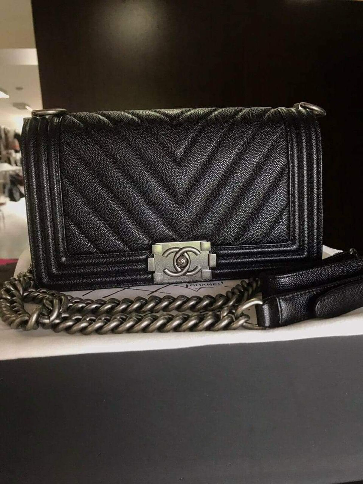 CHANEL Boy Flap Bag Chevron Caviar Old Medium Black