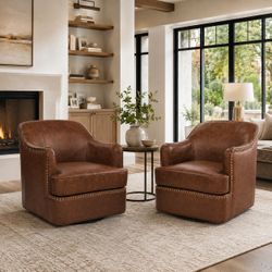 Dark Brown Genuine Leather Nailhead Swivel Club Chairs – Set of 2
