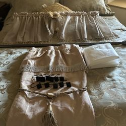 Complete Bathroom Accessories: Curtain, Hooks, Rod, Window Valances With Rod, Liner and Tassel In Excellent Condition 