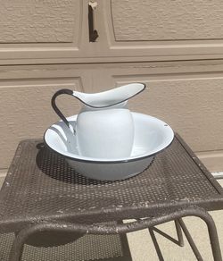 Antique White Enamel Rustic Metal Pitcher and Bowl.