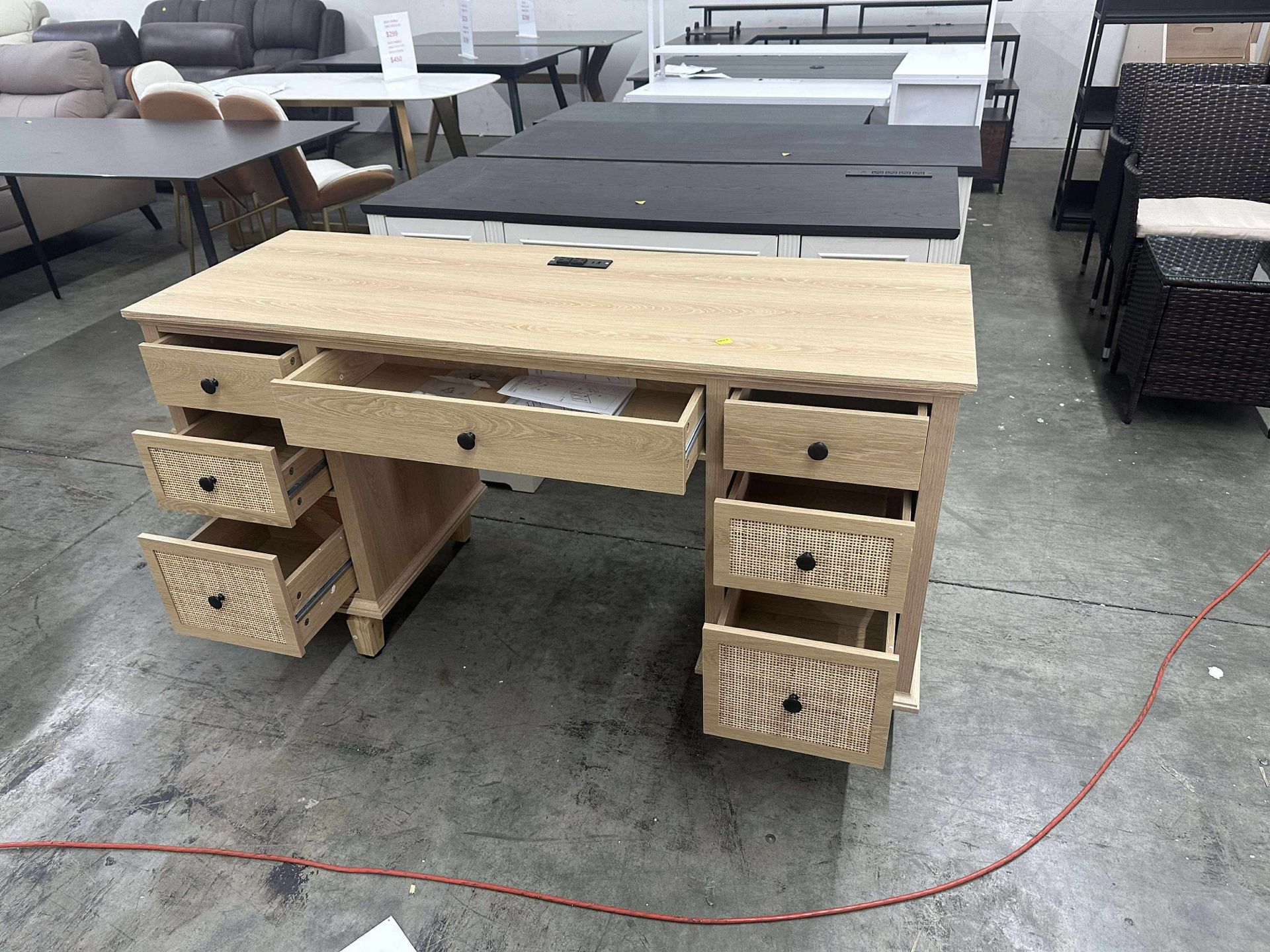58'' Wood Executive Desk with 7 Drawers - Modern Natural Rattan Home Office Desks