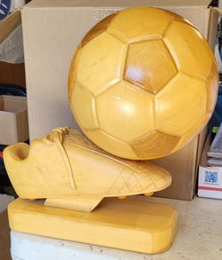 Soccer ball and Shoe Wood Carving 14 X 13 inches.