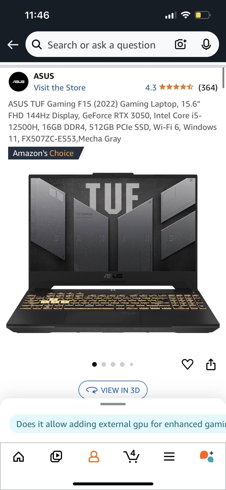 ASUS TUF Gaming F15 (2022) Gaming Laptop, 15.6” FHD 144Hz Display, GeForce RTX 3050, Intel Core i5-12500H, 16GB DDR4, 512GB PCIe SSD, Wi-Fi 6, Windows