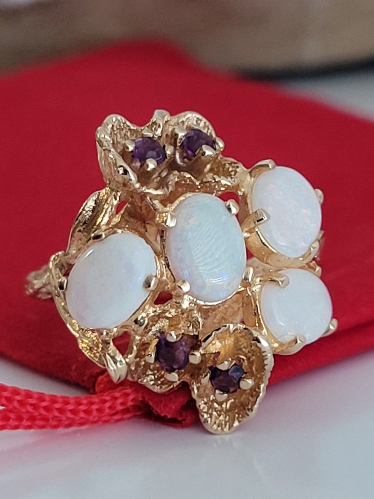 ❤️14k Size 7 - Solid Yellow Gold Natural Oval Opal and Amethyst Ring, great design! – Anillo de Oro Opalos y Amatistas