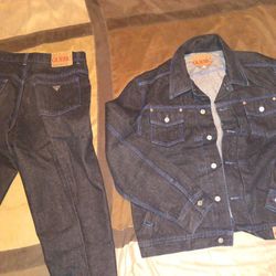 Guess Jean Jacket XXL,Guess Pants 36W Black W/Royal Blue Stitching 