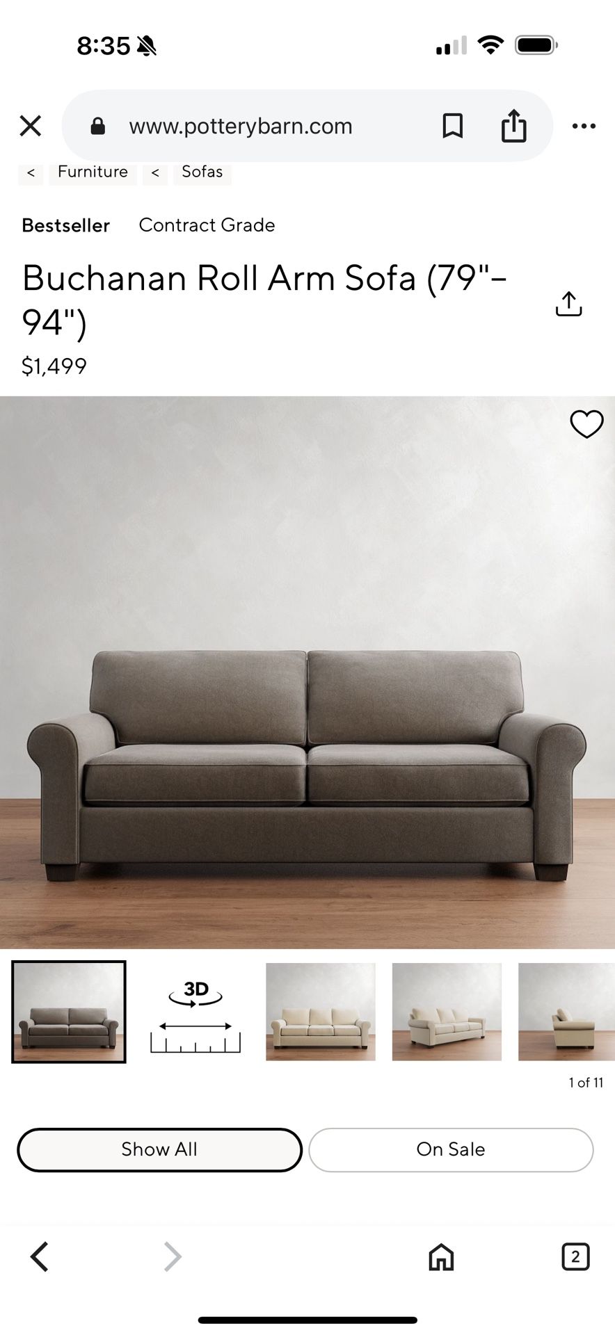 Pottery Barn 87” Buchanan Roll Arm Sofa