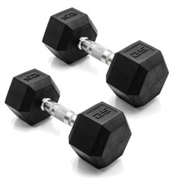 CAP Rubber Coated Dumbbell Weights, Free Weights for Home Gym Strength Training, Anti-Roll Hex Dumbbells 25 lbs pair