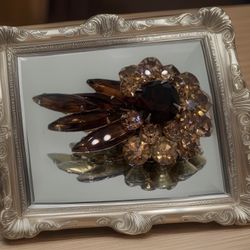 Vintage Art Deco Midcentury Topaz Amber Glass Flower Pin Brooch 