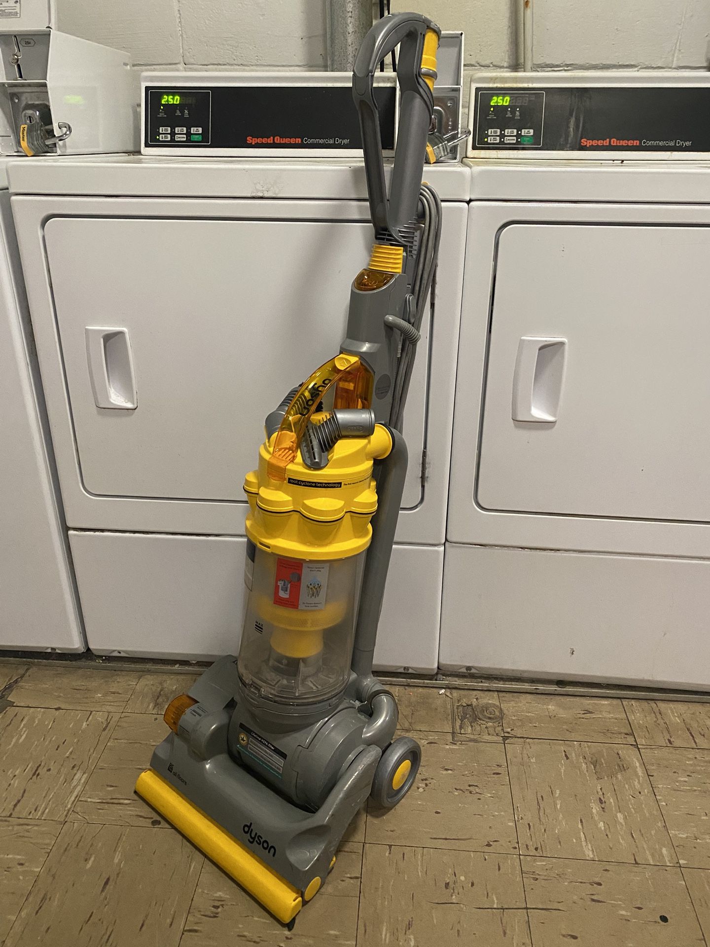 Dyson DC14 Upright Vacuum Cleaner with Attachments Yellow and gray. Good pre-owned condition. Doesn’t stay upright and needs a new belt. Selling