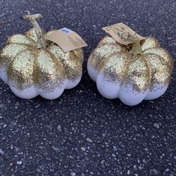 2 Sparkling Gold And White Pumpkins 