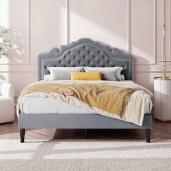 Full Size Bed Frame with Adjustable Velvet Tiara Headboard, Upholstered Diamond Button Tufted Platform Bed, Wood Slats Support, No Box Spring Needed, 
