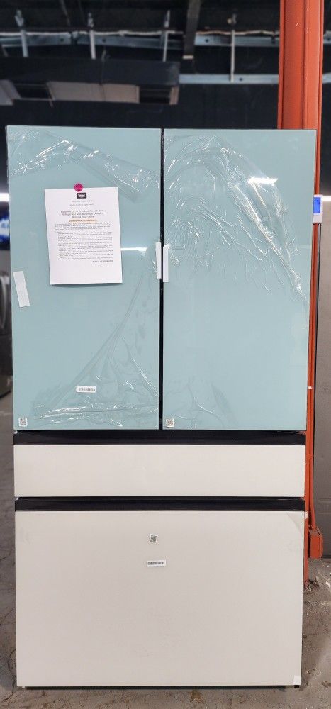 Appliances - Samsung Bespoke 29 cu ft. 4-Door French Door Smart Refrigerator with Beverage Center in Morning Blue/White Glass, Standard Depth