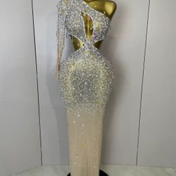 Women Sexy One Shoulder Hollow Out Big Crystal Bodycon Long Dress Celebrate Nightclub Party Bar Singer Birthday Dress 