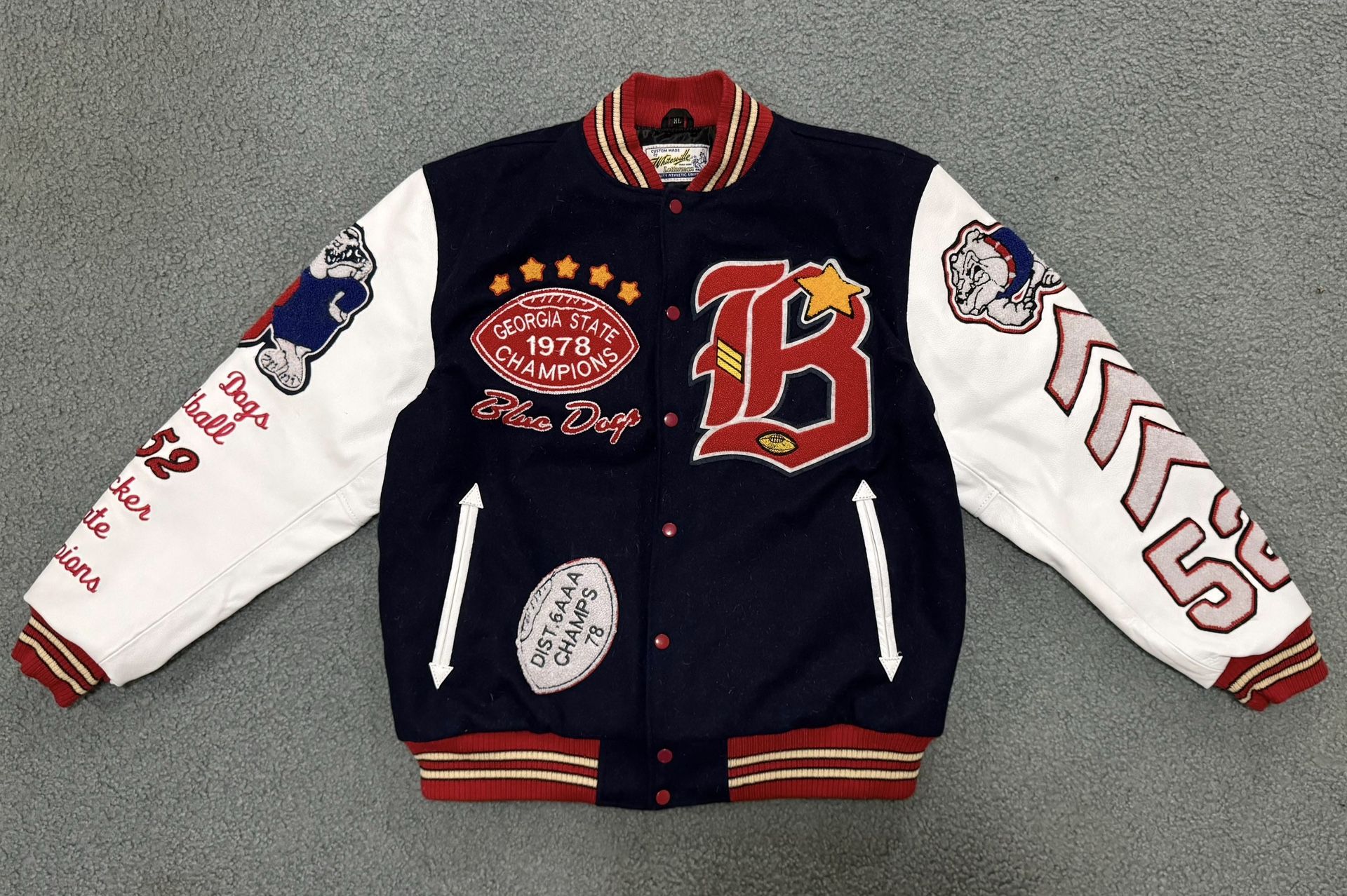Forest Park Blue Dogs Varsity Jacket - Wool Body, Leather Sleeves, Chenille Patches, 1978 Champions