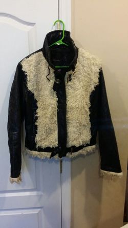 Baby Phat Size XL Womens Black Crinkle Faux Leather & Faux Shearling Jacket