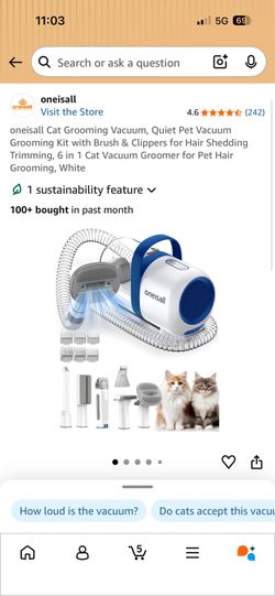 oneisall Cat Grooming Vacuum, Quiet Pet Vacuum Grooming Kit with Brush & Clippers for Hair Shedding