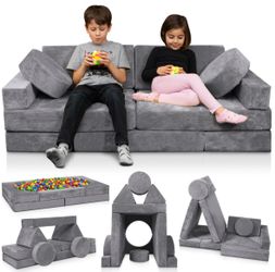 Brand New 14-Piece Kids Modular Foam Play Couch – Grey