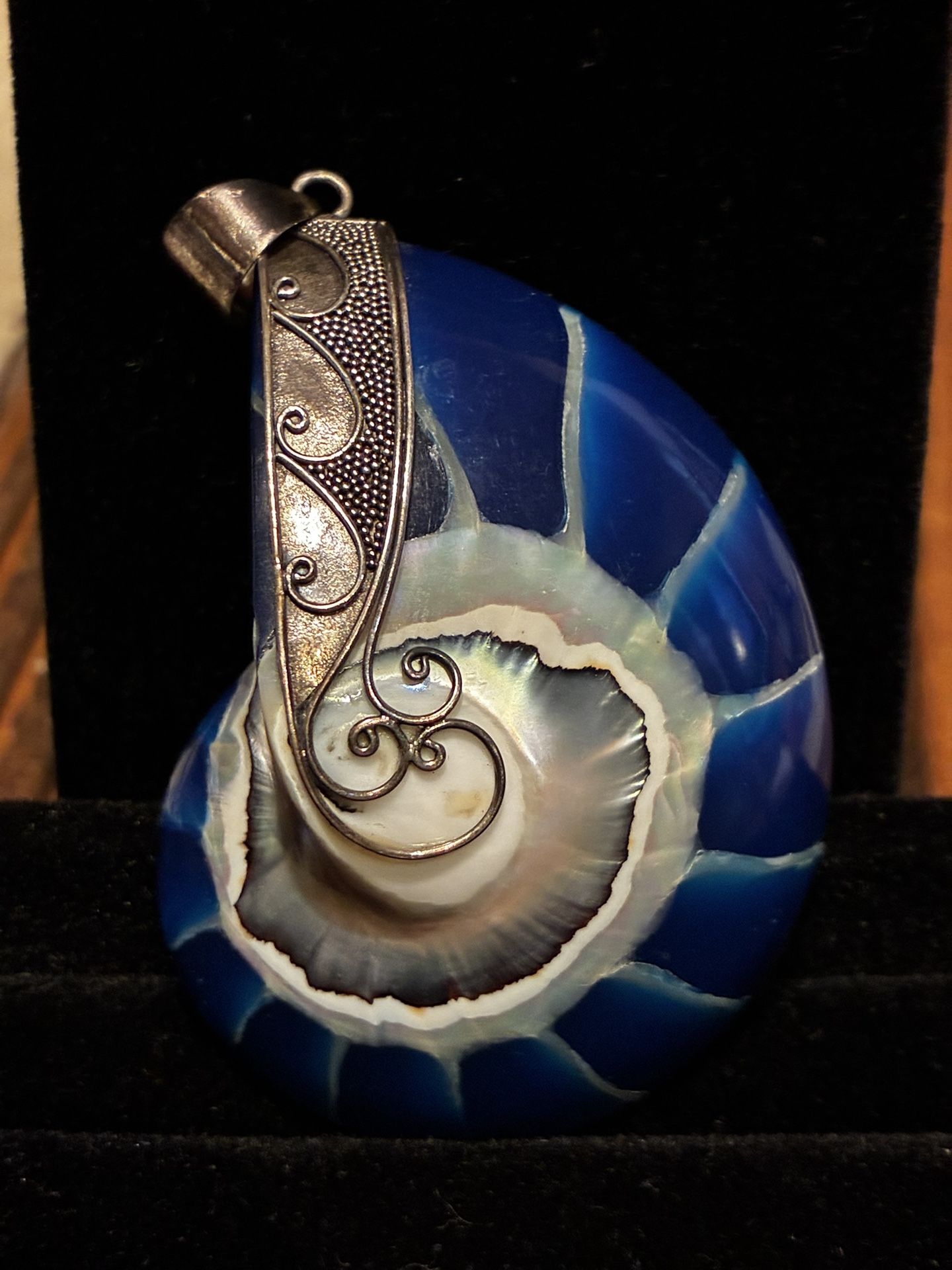 925 Sterling Silver Cool Blue Open Nautilus Shell Sterling Pendant, 2 1/2"