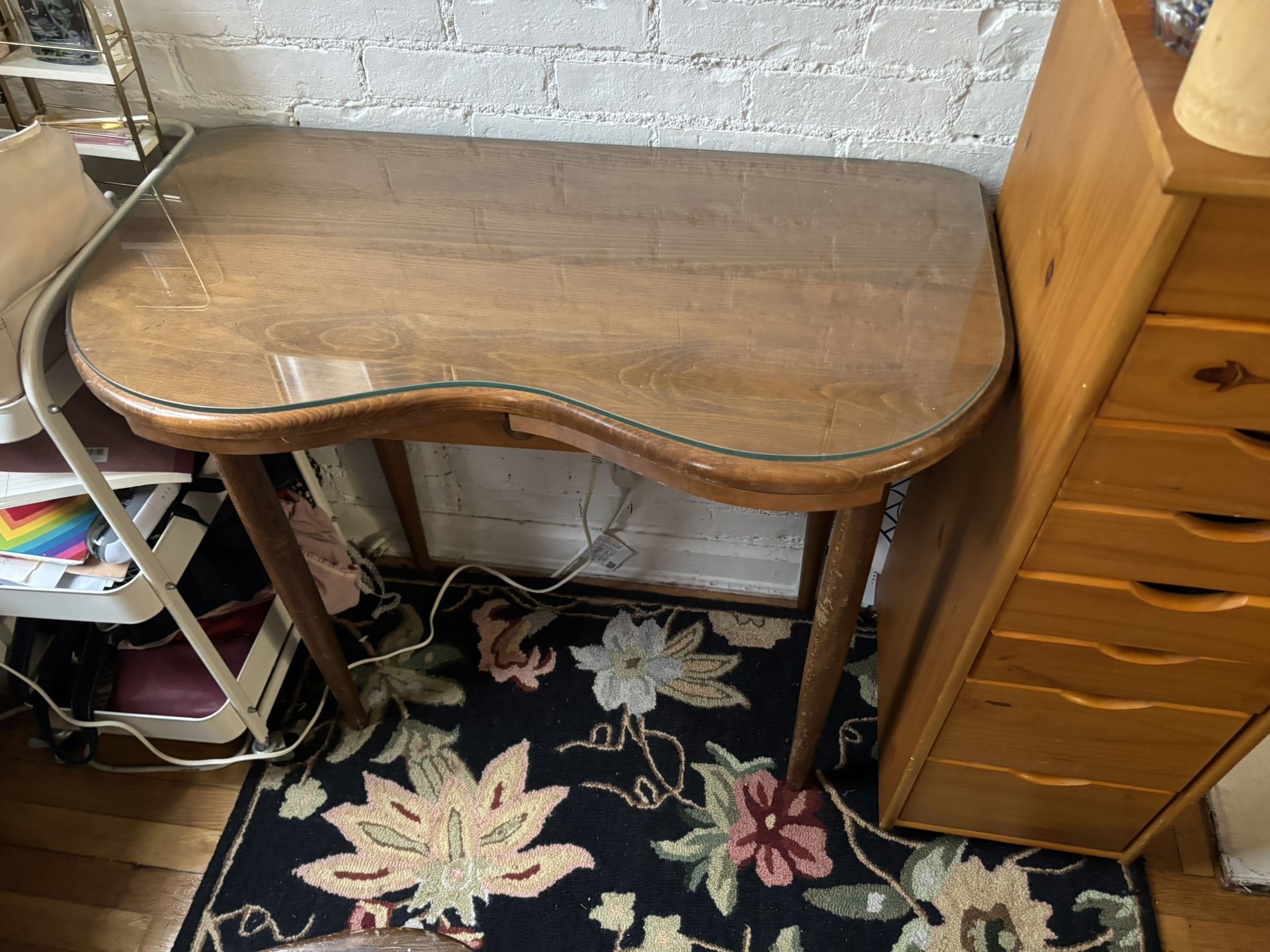 Desk With Small Drawer, Great For Small Space, Solid Wood W Glass Top