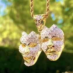 Italy 925 Sterling Silver HAPPY SAD MASK Iced 14K Gold 5X Layered Pendant, Stainless Steel Rope Chain 16β-24β Inches Chain and Pendant Set