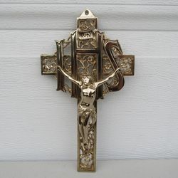 Crucifix IHS INRI Brass Plated Ornate Metal Catholic Wall Decor
