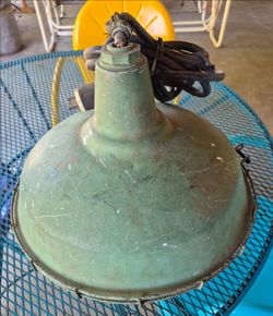 No 3. Vintage Spero  green & white  Factory industrial lamp with cage 18"  round from panorama city,
in used condition as consistent  with age 
More t