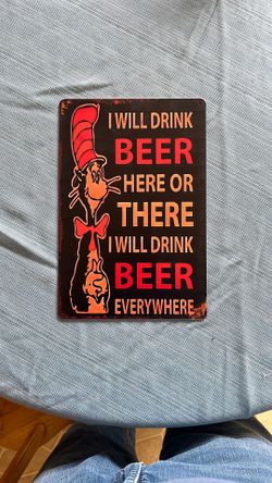 12” x 8” Drink Beer Here Tin Sign