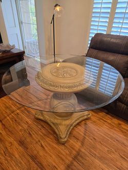 Round glass top table w/antique beige color pedestal base.  $50 OR best offer, need it gone ASAP!