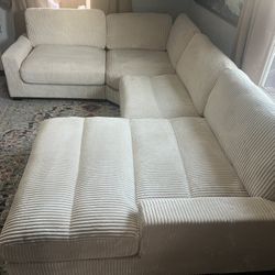 New 4 Piece Corduroy Sectional.  Off White / Beige.  90”x127”x66”.  Free Delivery!